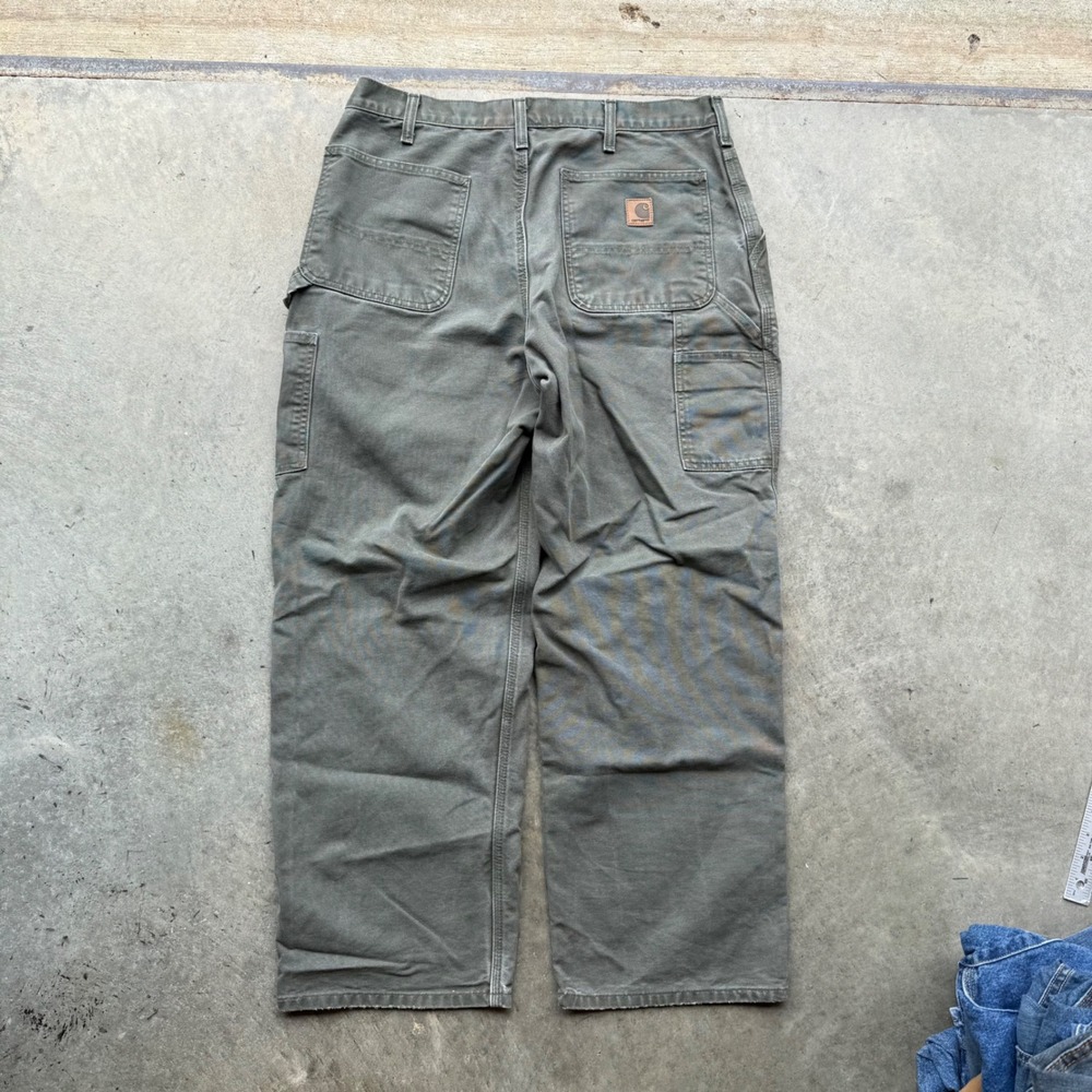 Vintage‎ Carhartt Loose Fit Carpenter Pants Faded Olive Green Duck Canvas 35x29